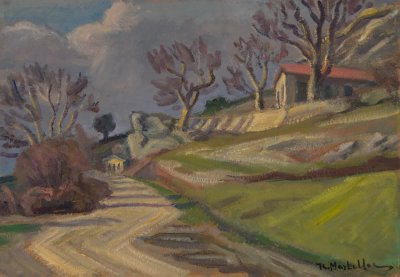 Langadia, Gounaris, Landscape — Oil painting, Fiberboard, 35.00×50.00cm — Theodoros Markellos